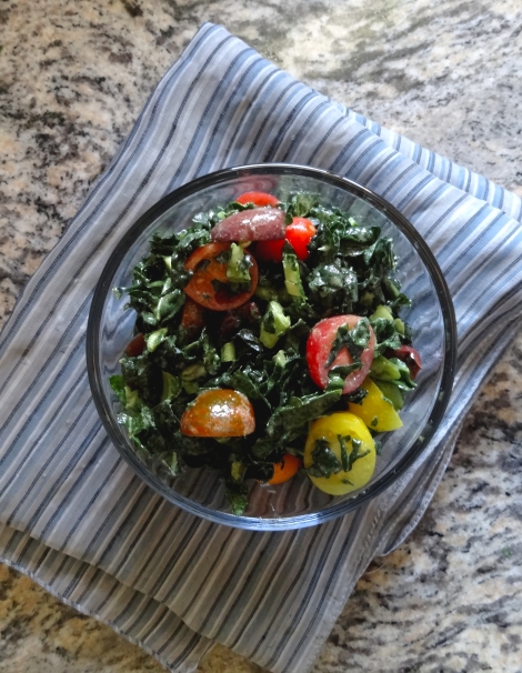 Chopped Kale Salad Heriloom Tomatoes via TheCheerfulKitchen